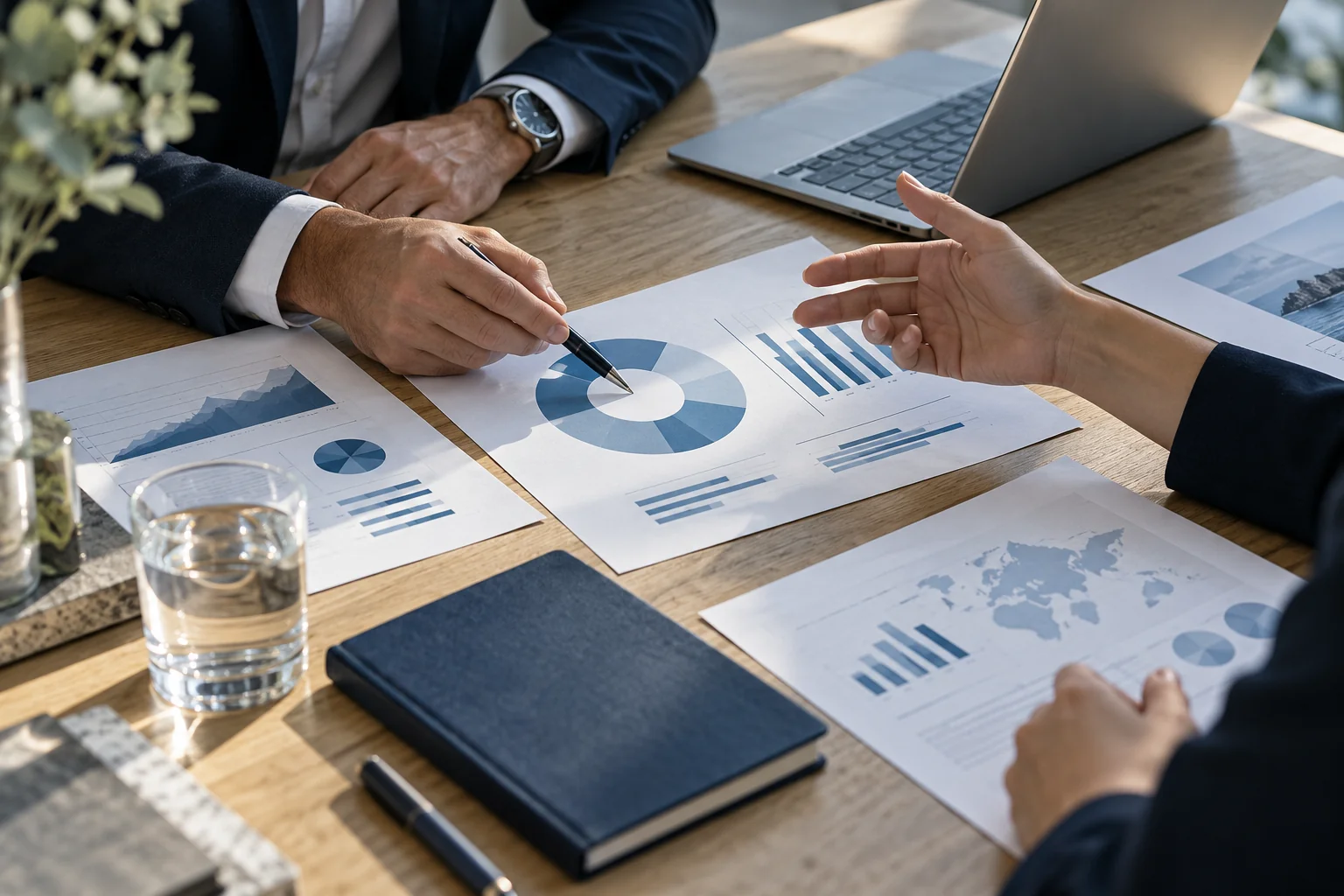 Escena ilustrativa de análisis de indicadores y planificación empresarial